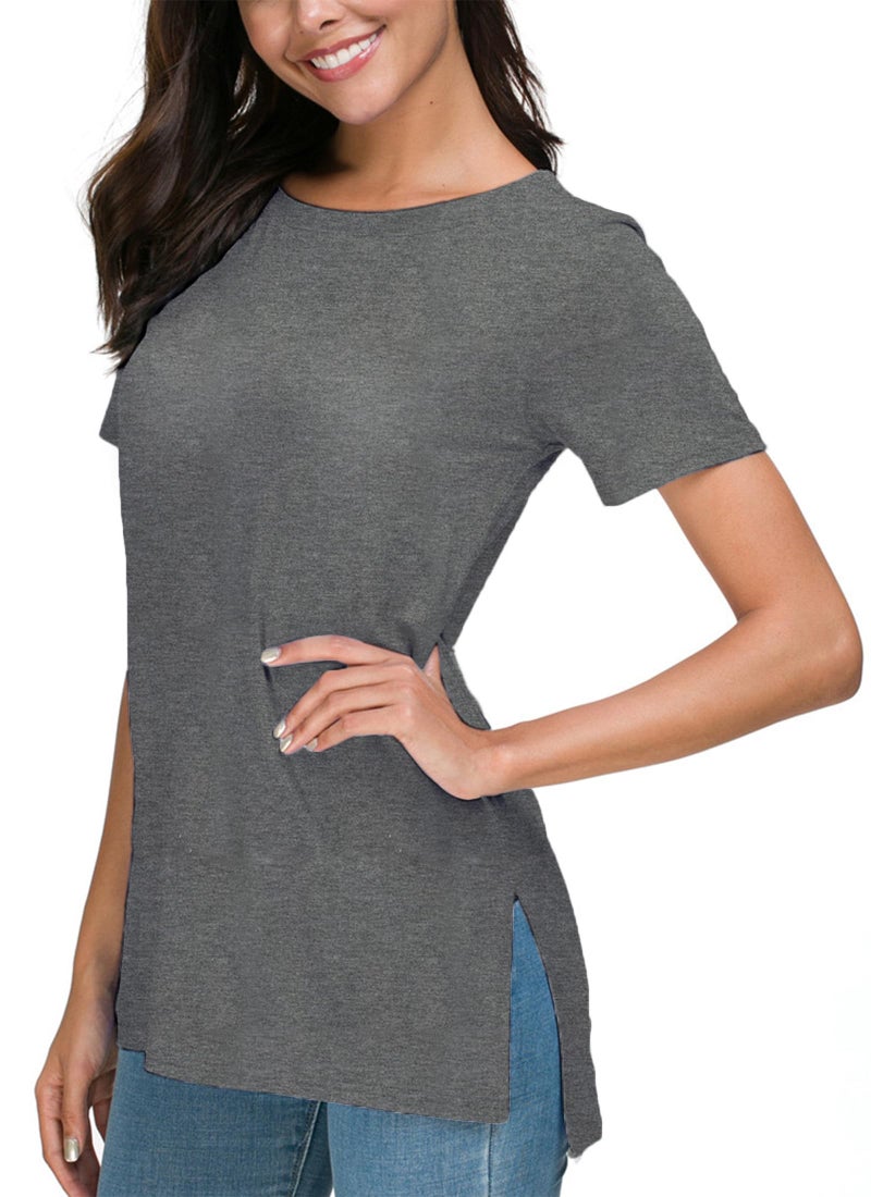 Herou Women Casual Summer Short Sleeve Tops High Low Hem T-Shirts Tees with Side Split (Grey, Medium) - Image 1